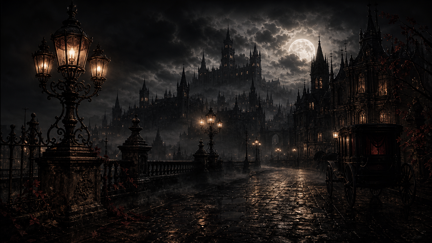 Moonlit gothic city with lamps and manor spires